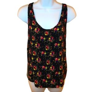 🔴 4/$15 Black Striped & Floral mixed media lightweight tank top size XS in EUC